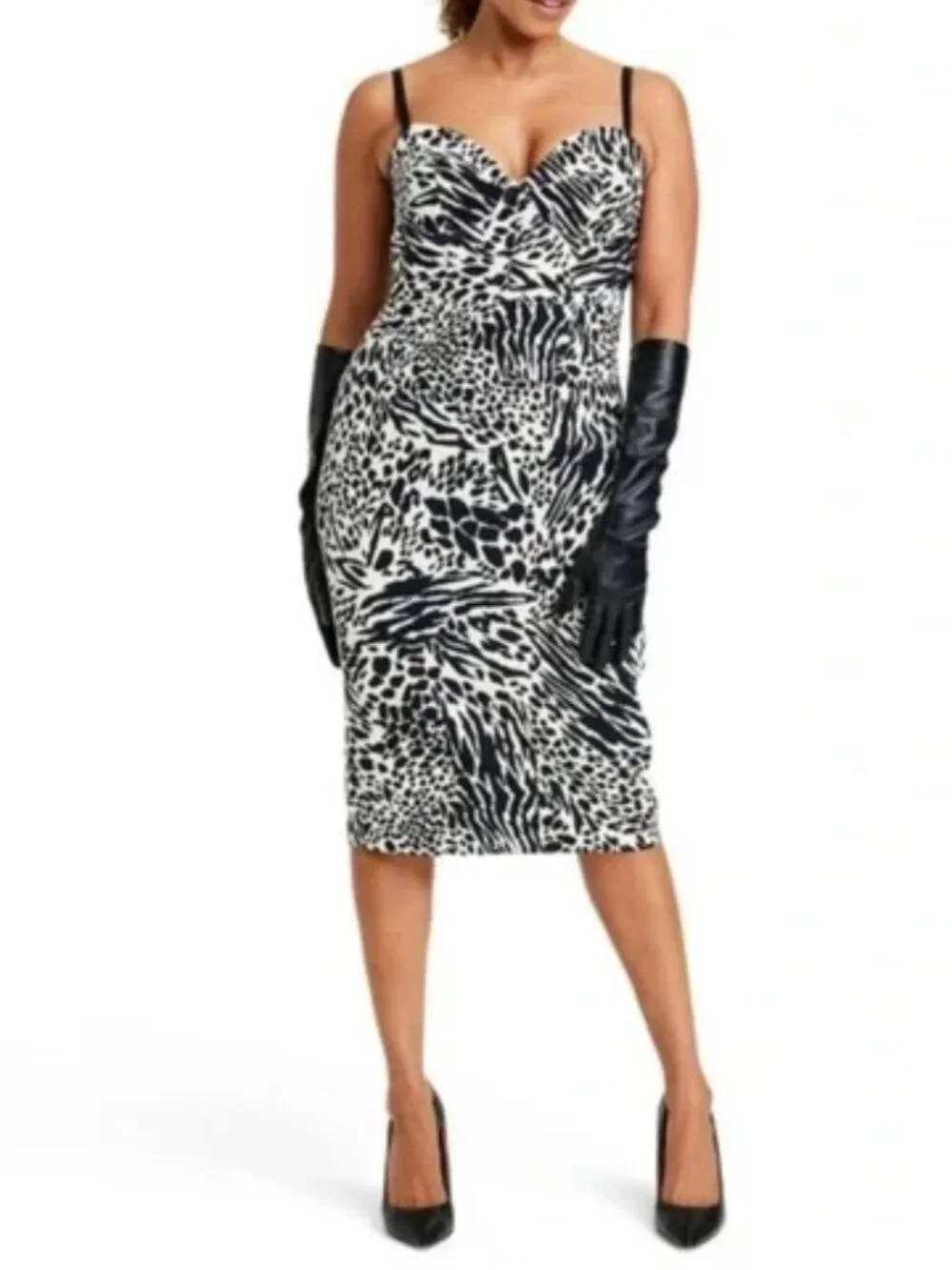 Midi Dress 1X Black Cream Animal Print Bustier Sleeveless Sheath Sexy V-Neck NWT